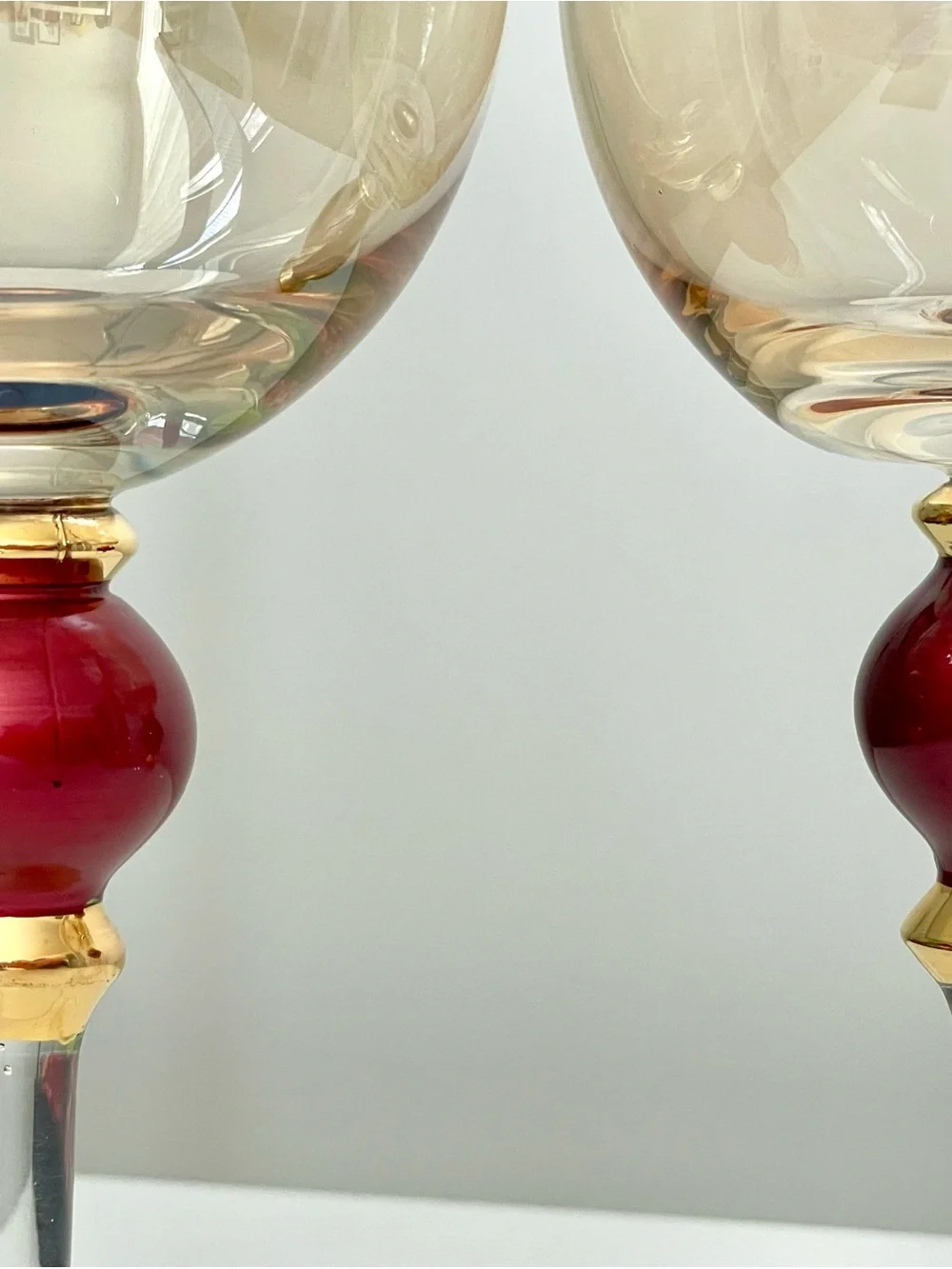 Pair of Pier 1 Amber Luster Red Ball Water Goblet Stem Wine Glass Handblown